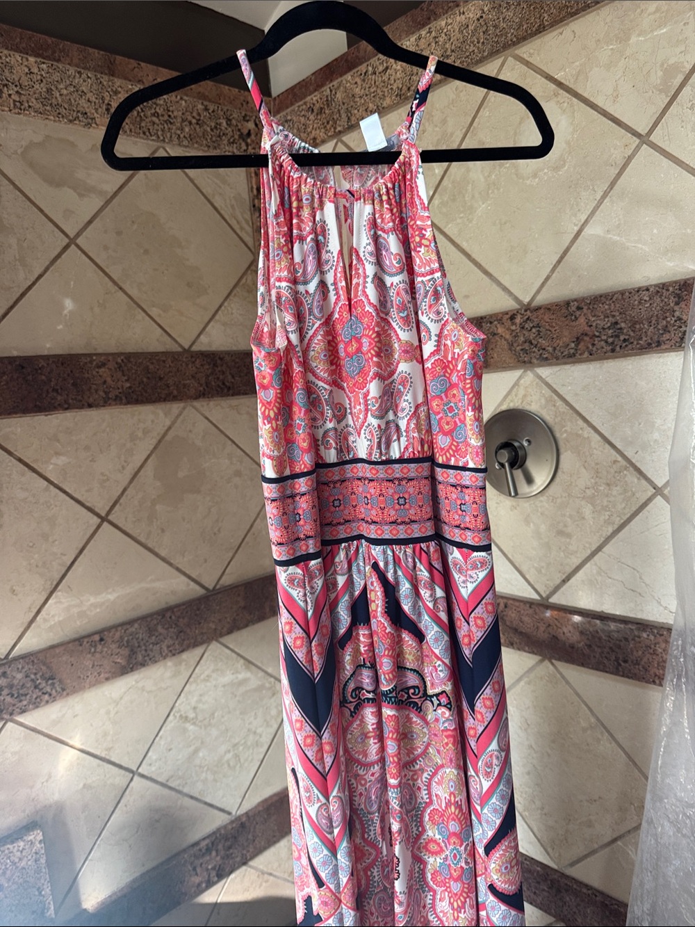 London Times Coral Pink Paisley Gathered neckline Maxi with Black and tur Accent